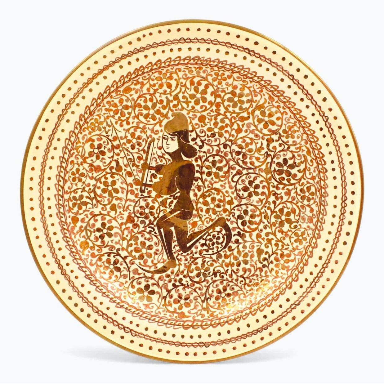 Plato lustrado de reflejo metálico del jinete medieval en filigrana vegetal