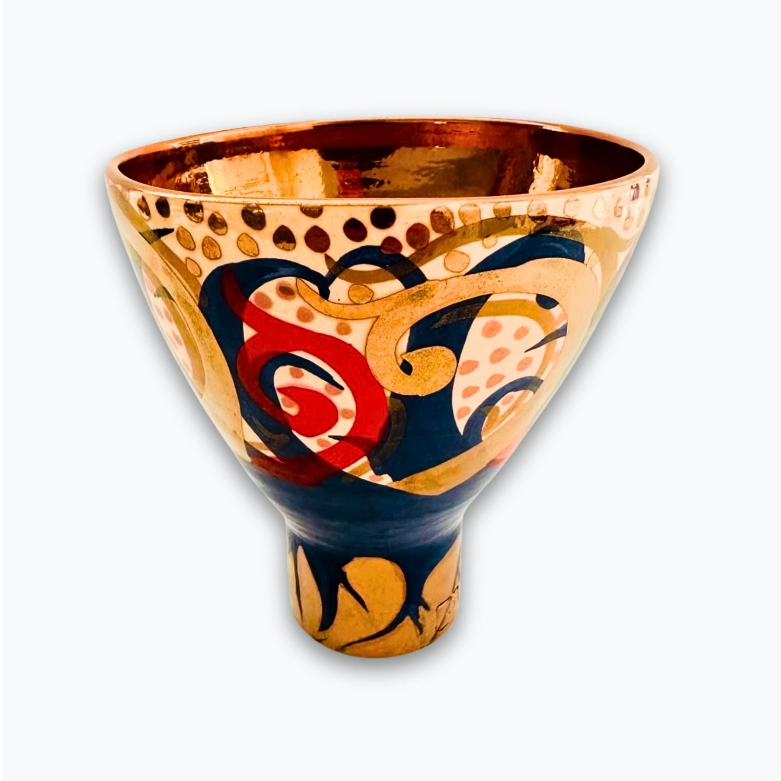 Jarrón de reflejo metálico con motivos abstractos en rojo y azul