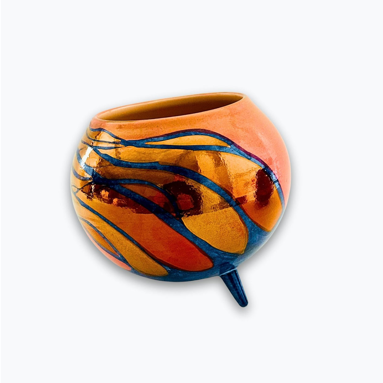 Vasija esférica de reflejo metálico con lustre naranja y azul