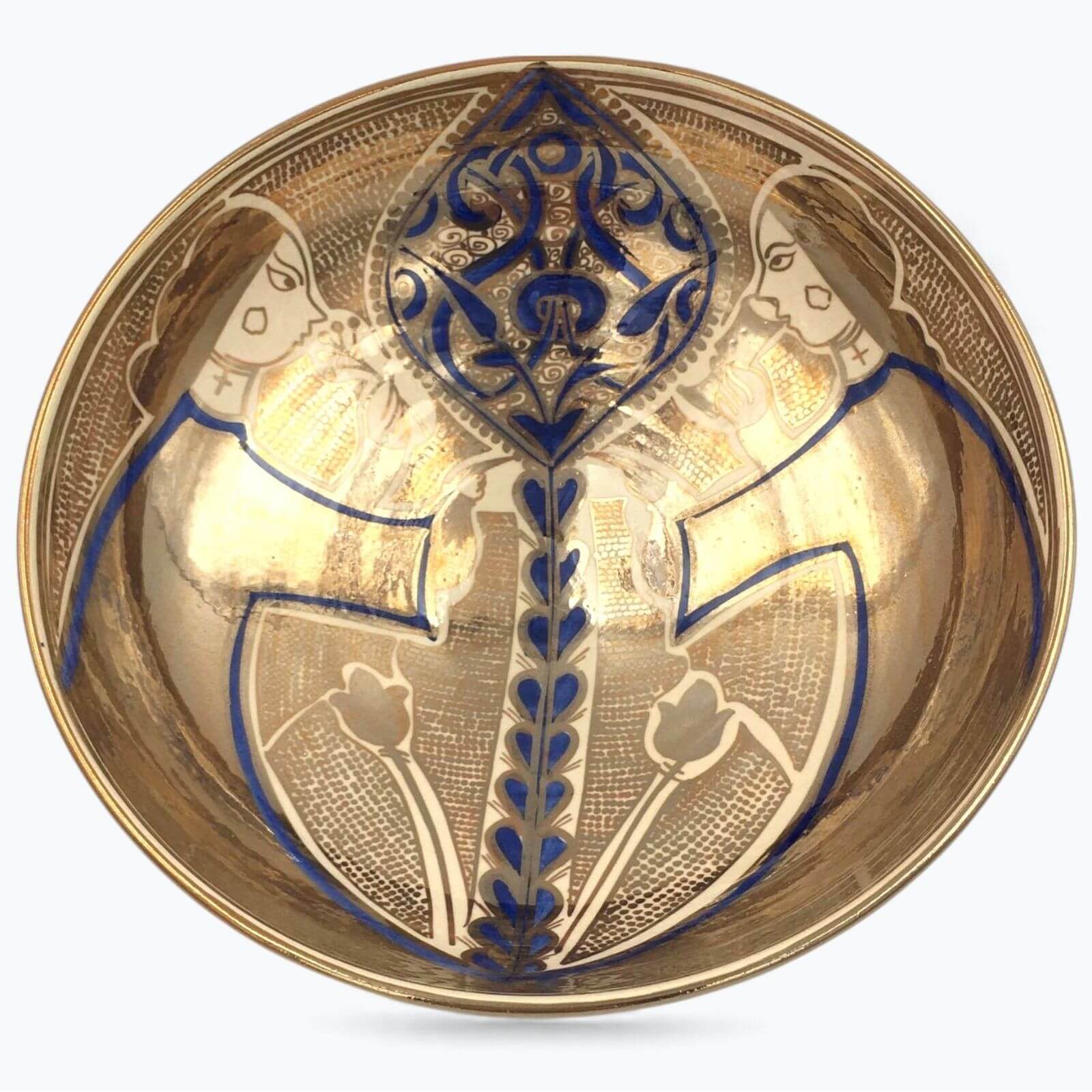 Cuenco de reflejo metálico con dos figuras enfrentadas