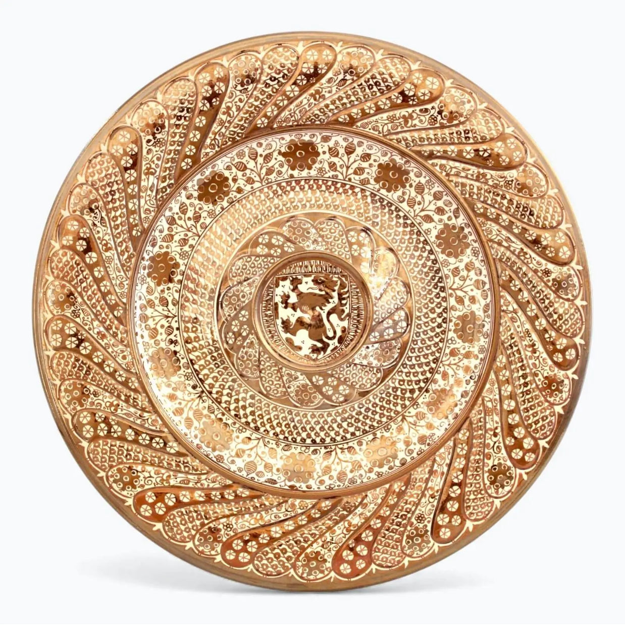 Plato roseta heráldica del león rampante en reflejo metálico